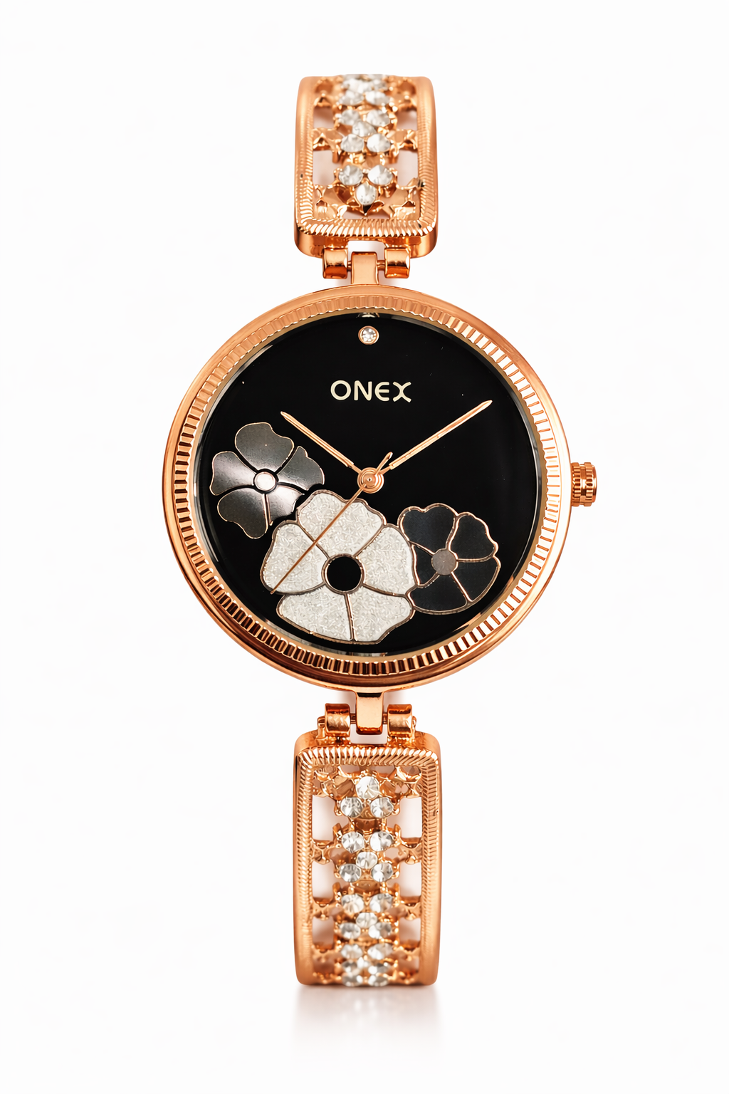 ONEX Women's Rose Gold Floral Designer Analog Watch with Black Dial & Crystal Bracelet | Premium Quartz Wrist Watch