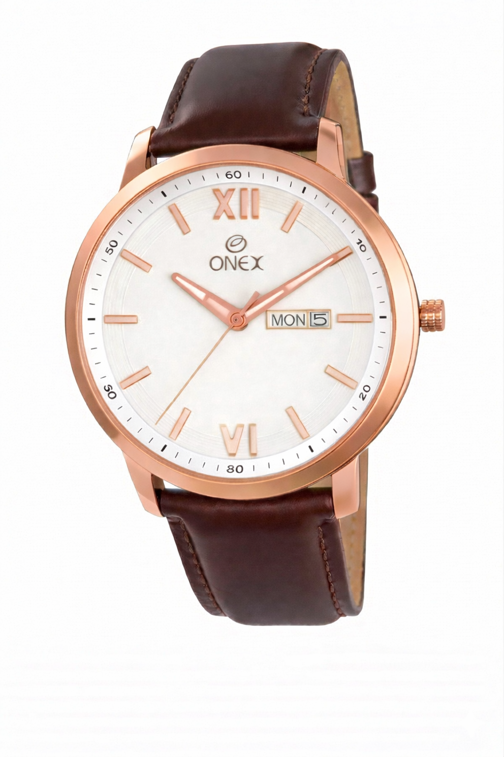 ONEX Men's Day & Date Analog Watch – Silver Dial, Rose Gold Case & Brown Leather Strap