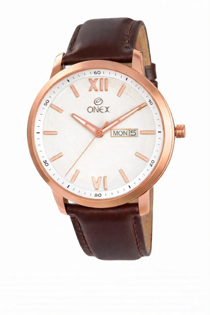 ONEX Men's Day & Date Analog Watch – Silver Dial, Rose Gold Case & Brown Leather Strap