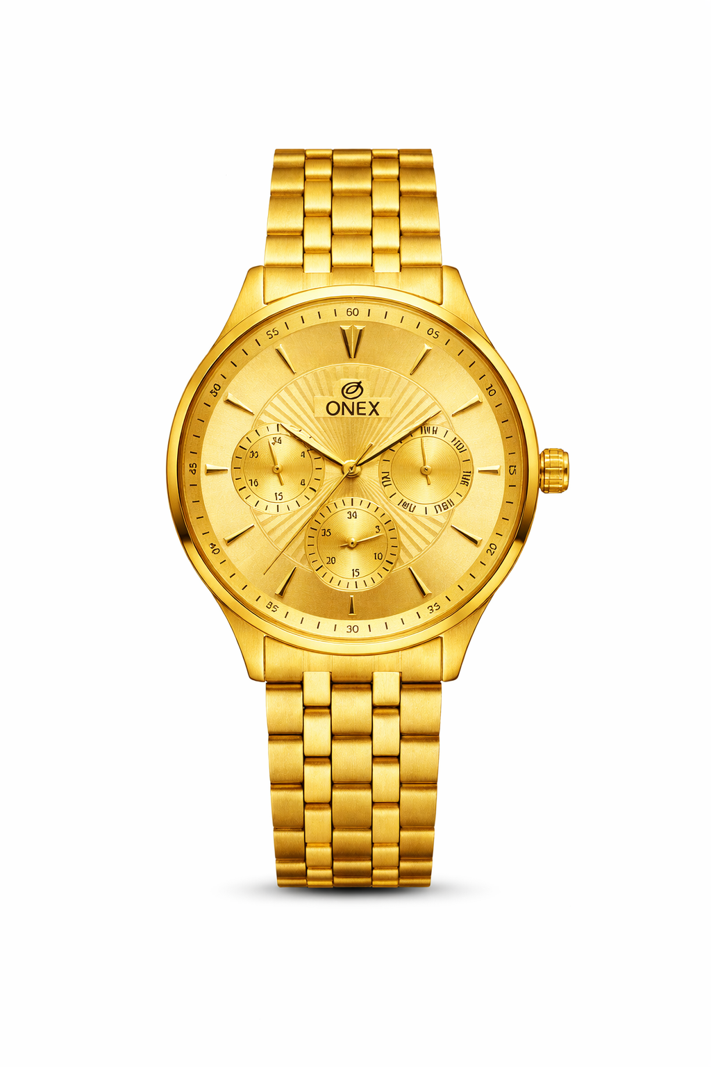 ONEX Men's Premium Multifunction Analog Watch for Men | Gold Sunray Dial | Gold Stainless Steel Bracelet | Quartz Movement | Stylish Casual & Formal Wrist Watch