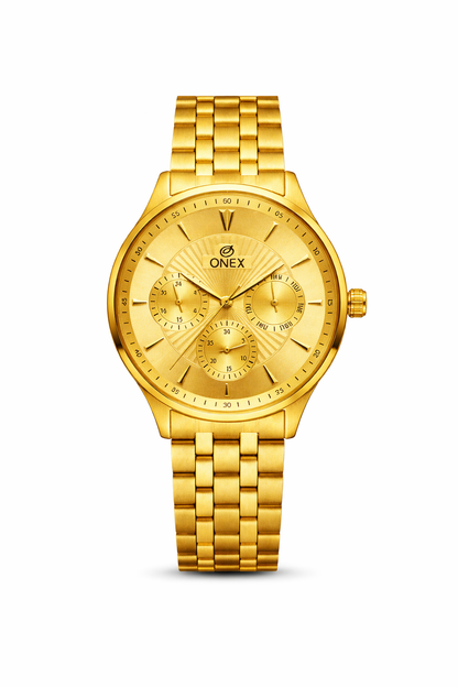 ONEX Men's Premium Multifunction Analog Watch for Men | Gold Sunray Dial | Gold Stainless Steel Bracelet | Quartz Movement | Stylish Casual & Formal Wrist Watch