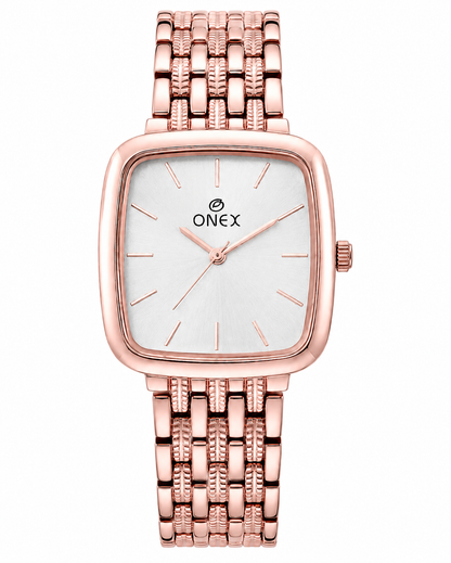 ONEX Women's Analog Rose Gold Stainless Steel Bracelet Watch | Square Silver Dial | Elegant Casual & Party Wear Wrist Watch for Women