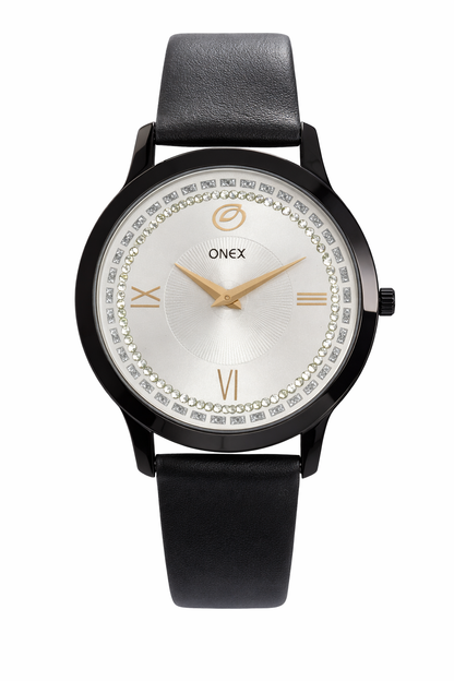 ONEX Men’s Analog Watch with Silver Dial, Crystal Studded Bezel & Black Leather Strap – Stylish Casual & Formal Wrist Watch for Men
