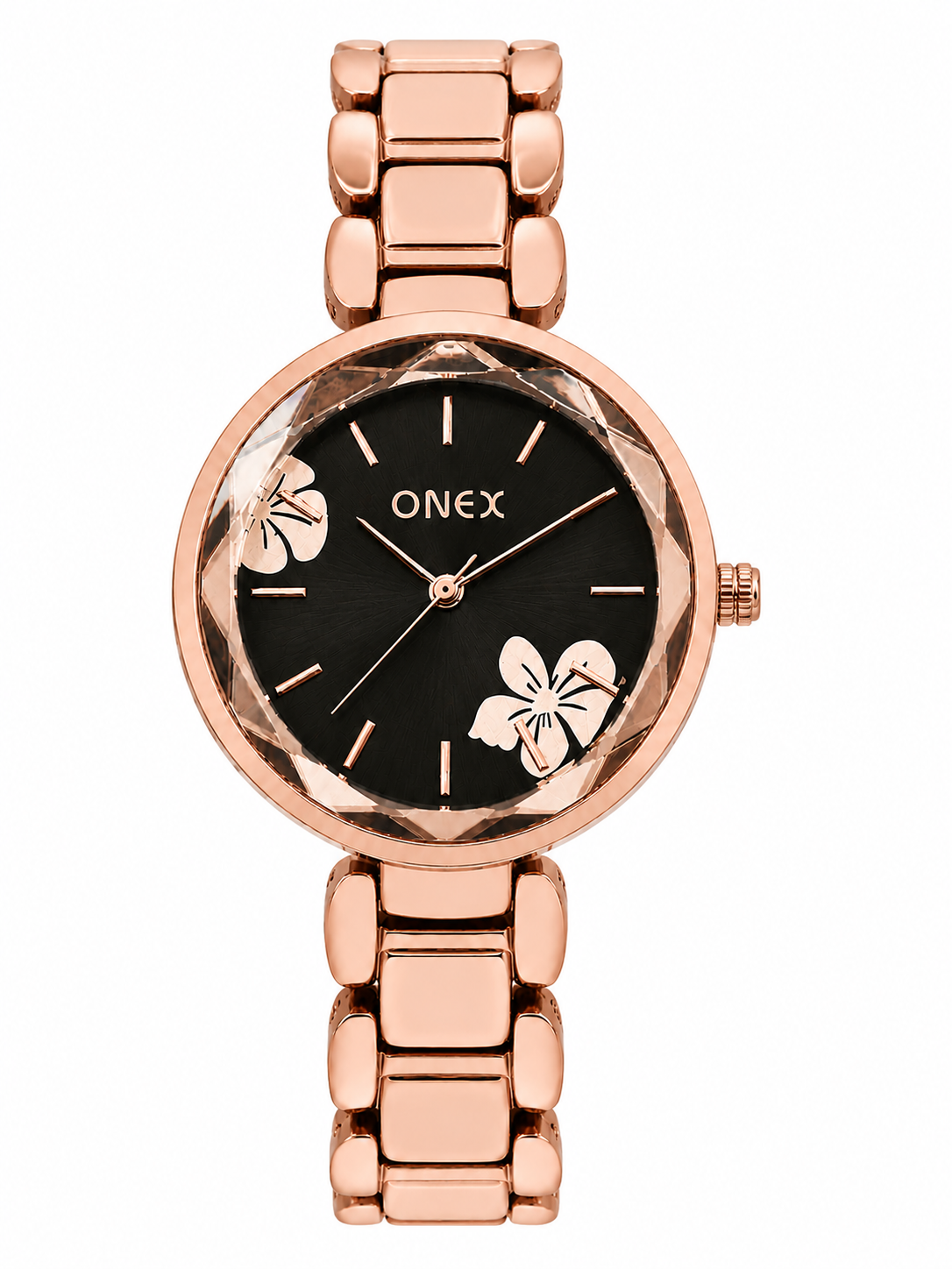 ONEX Women's Rose Gold Analog Watch | Floral Sunray Black Dial | Premium Bracelet Strap | Quartz Movement | Elegant Dress Watch
