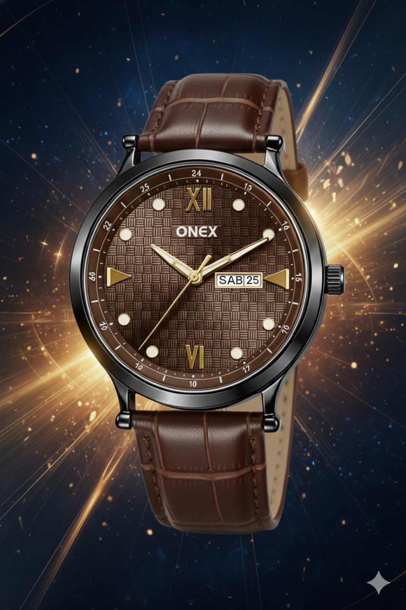 ONEX Men’s Analog Watch with Day & Date Display, Brown Textured Dial, Brown Leather Strap, Roman Index – Stylish Formal Wrist Watch for Men
