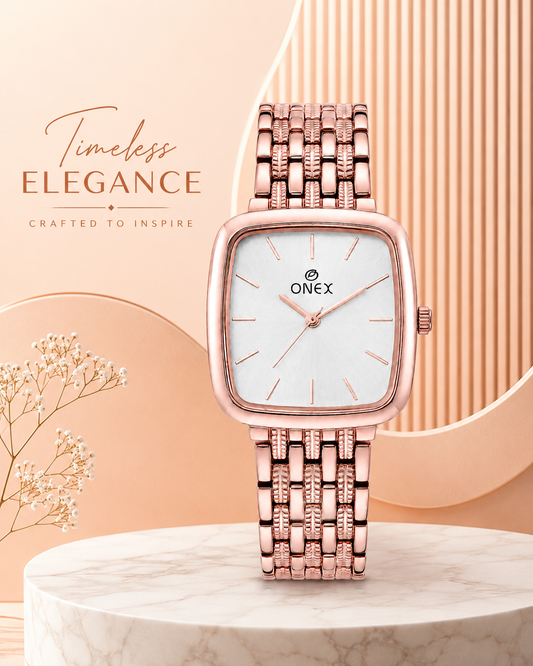 ONEX Women's Analog Rose Gold Stainless Steel Bracelet Watch | Square Silver Dial | Elegant Casual & Party Wear Wrist Watch for Women