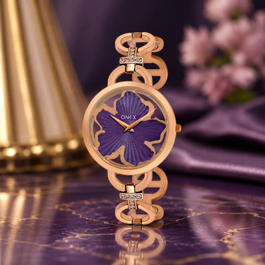 ONEX Rose Gold Women’s Bracelet Watch with Purple Textured Dial & Crystal Accents