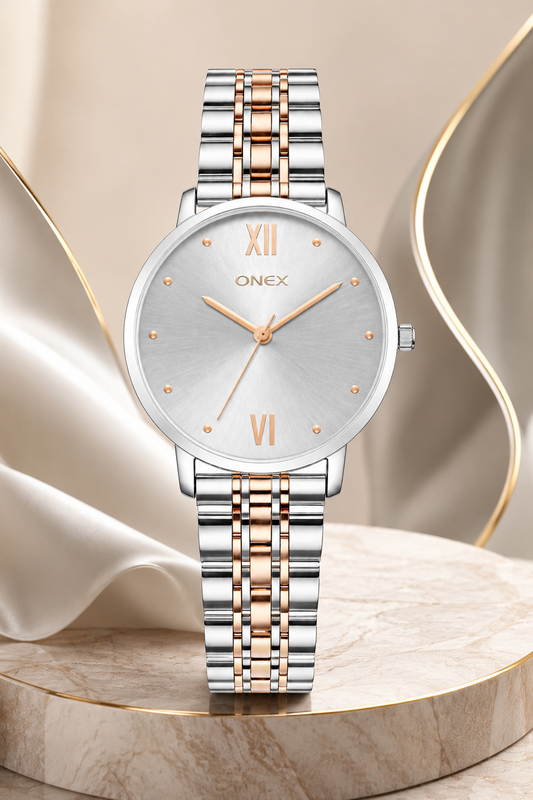 ONEX Women's Analog Wrist Watch for women | Two Tone Stainless Steel Bracelet Strap | Silver Sunray Dial | Premium Casual & Formal Watch