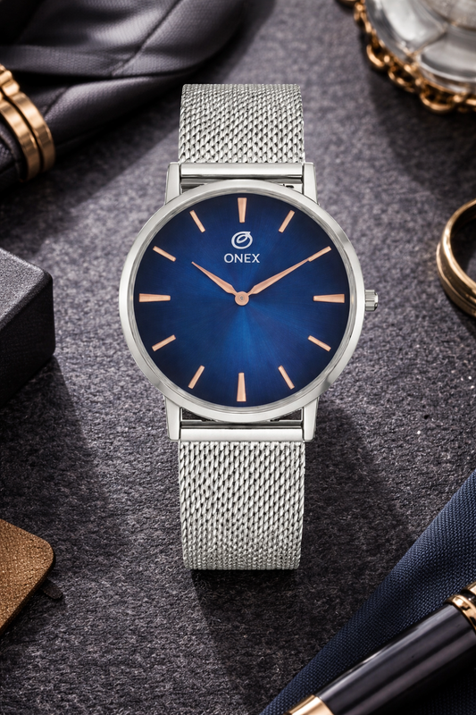 ONEX Men’s Analog Watch with Blue Sunray Dial & Silver Stainless Steel Mesh Strap | Minimal Classic Design