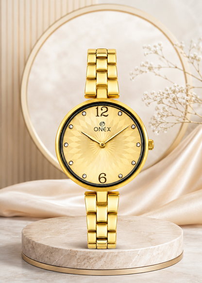 ONEX Women’s Gold-Tone Designer Bracelet Watch with Crystal Studded Dial