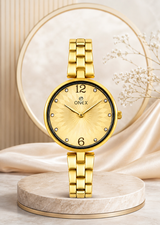 ONEX Women’s Gold-Tone Designer Bracelet Watch with Crystal Studded Dial