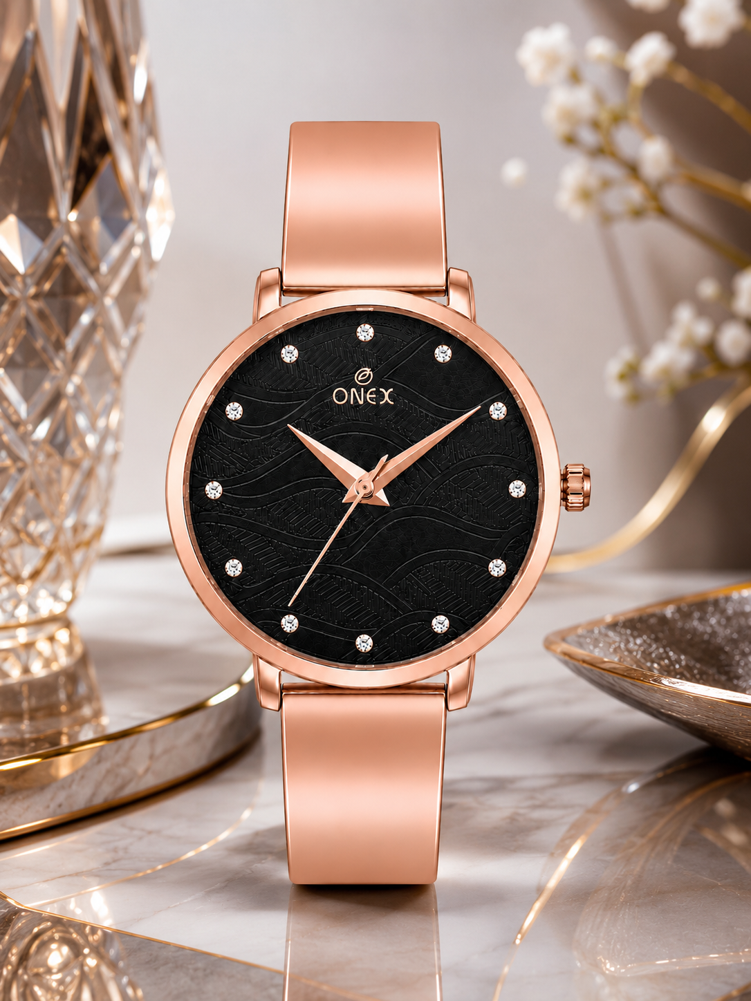 ONEX Women's Rose Gold Stainless Steel Analog Watch | Textured Black Dial with Crystal Hour Markers | Elegant Bracelet Strap | Fashion Wrist Watch for Women