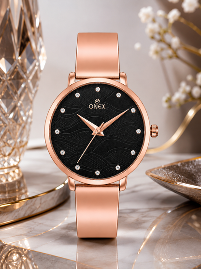 ONEX Women's Rose Gold Stainless Steel Analog Watch | Textured Black Dial with Crystal Hour Markers | Elegant Bracelet Strap | Fashion Wrist Watch for Women
