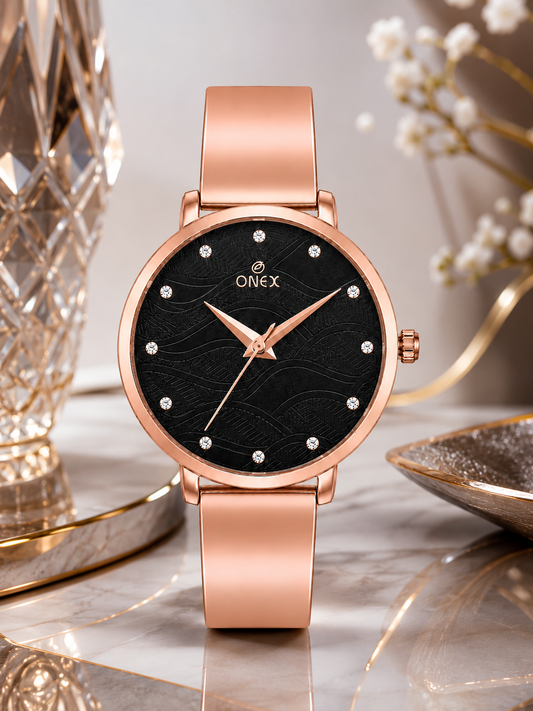 ONEX Women's Rose Gold Stainless Steel Analog Watch | Textured Black Dial with Crystal Hour Markers | Elegant Bracelet Strap | Fashion Wrist Watch for Women