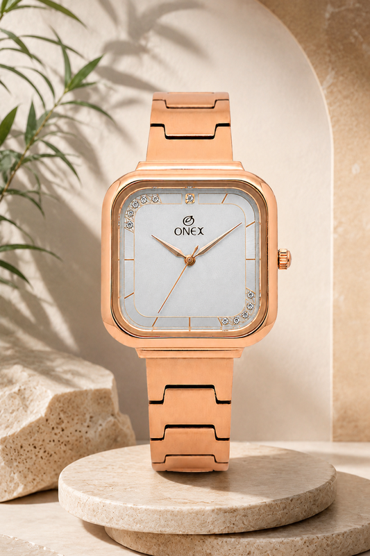 ONEX Rose Gold Square Dial Analog Watch for Women | Crystal Accent Dial | Metal Strap