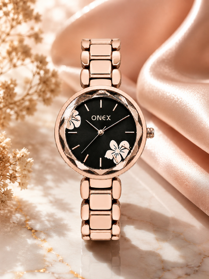 ONEX Women's Rose Gold Analog Watch | Floral Sunray Black Dial | Premium Bracelet Strap | Quartz Movement | Elegant Dress Watch