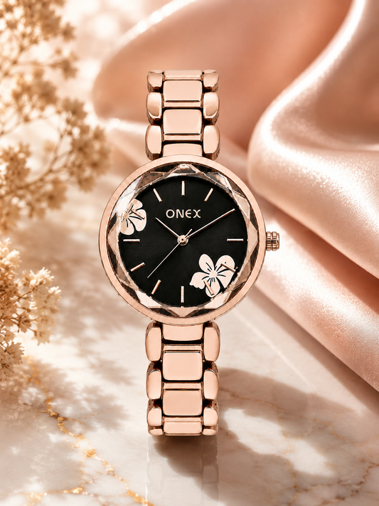 ONEX Women's Rose Gold Analog Watch | Floral Sunray Black Dial | Premium Bracelet Strap | Quartz Movement | Elegant Dress Watch