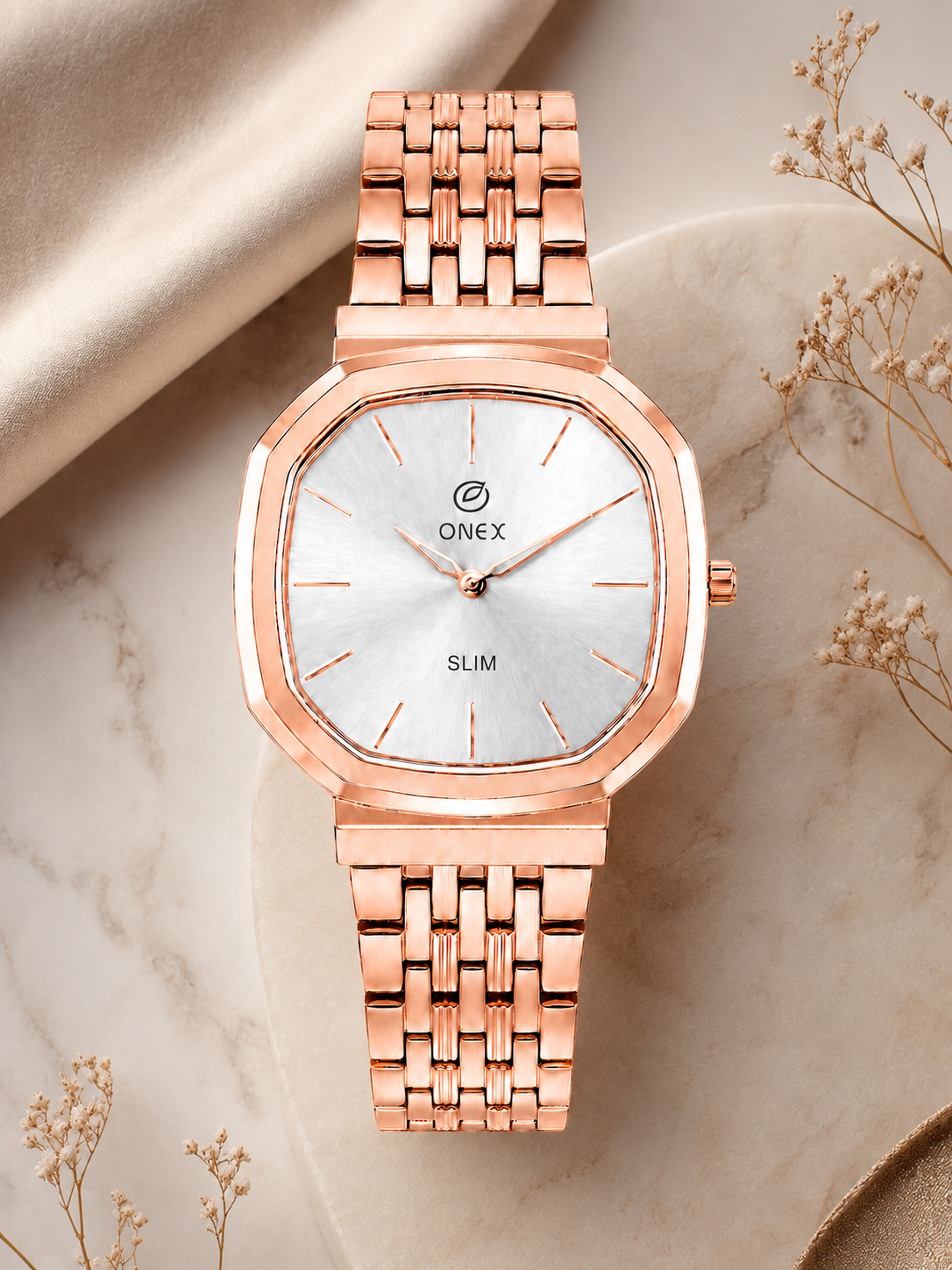 Onex Slim Rose Gold Stainless Steel Analog Watch for Women | Silver Sunray Dial | Elegant Bracelet Strap