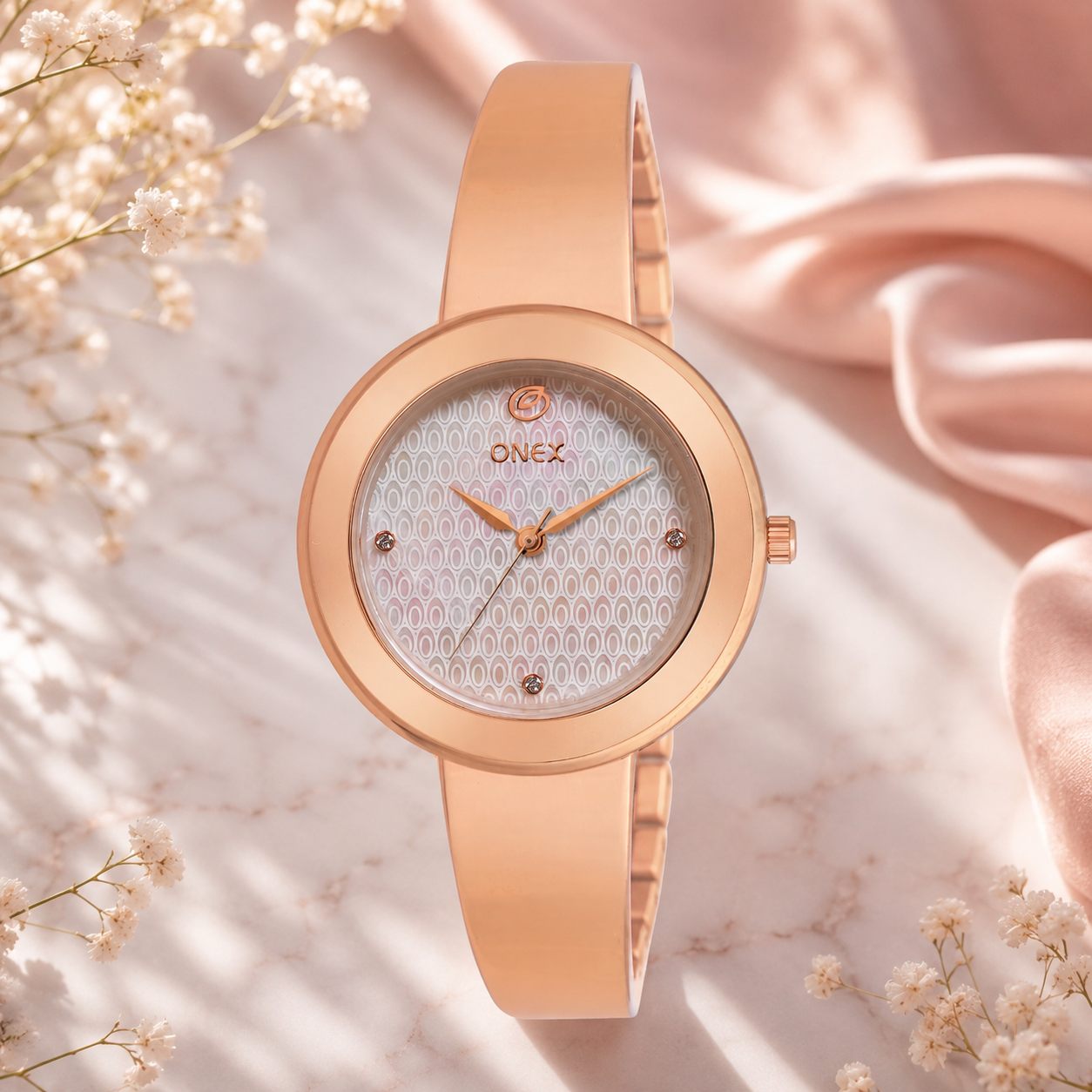 OneX Premium Rose Gold Analog Watch | Crystal-Studded Dial & Metal Bracelet
