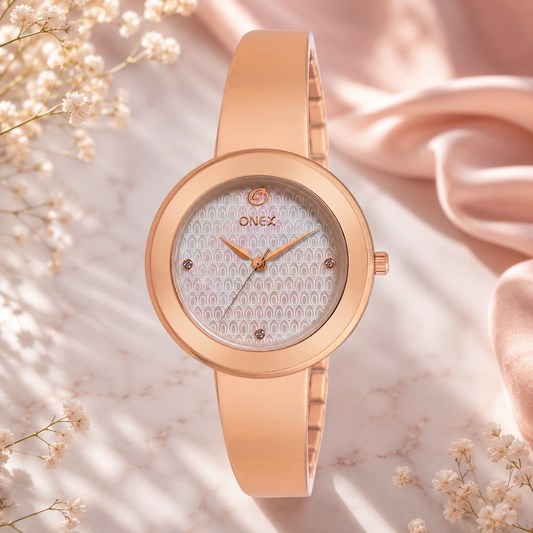 OneX Premium Rose Gold Analog Watch | Crystal-Studded Dial & Metal Bracelet