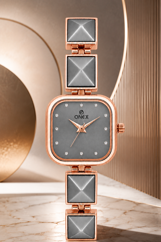 ONEX Women’s Rose Gold Square Dial Bracelet Watch with Crystal Studded Grey Dial