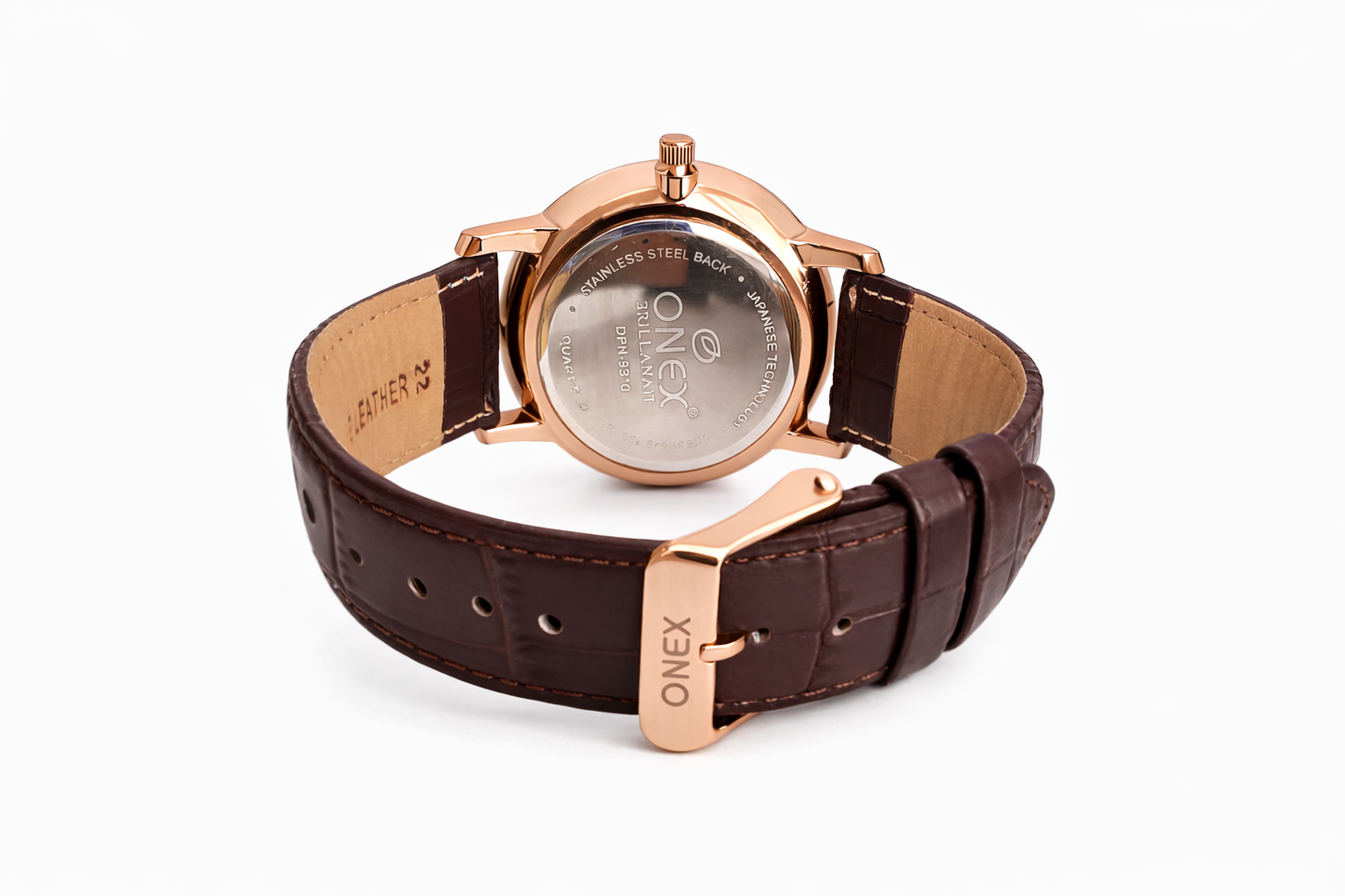 ONEX Men's Day & Date Analog Watch – Silver Dial, Rose Gold Case & Brown Leather Strap