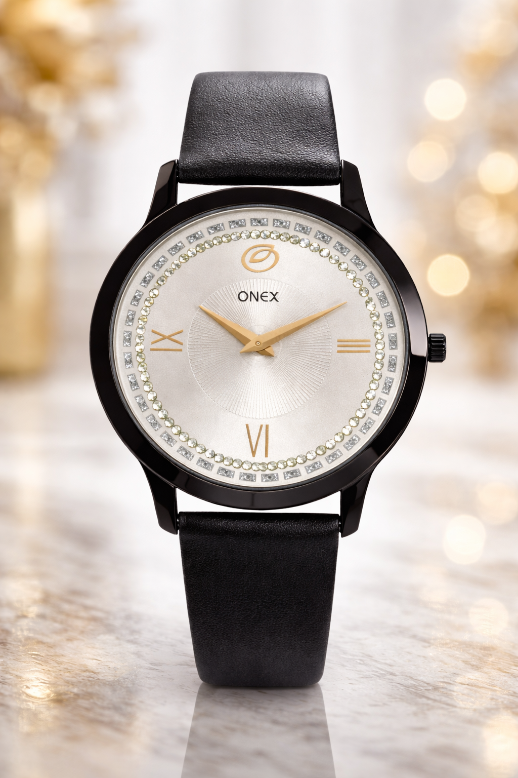 ONEX Men’s Analog Watch with Silver Dial, Crystal Studded Bezel & Black Leather Strap – Stylish Casual & Formal Wrist Watch for Men