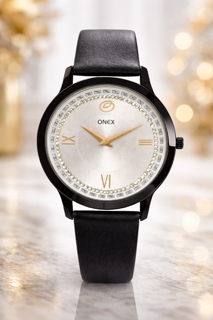 ONEX Men’s Analog Watch with Silver Dial, Crystal Studded Bezel & Black Leather Strap – Stylish Casual & Formal Wrist Watch for Men