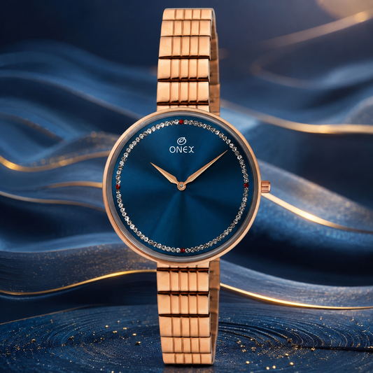 ONEX Elegant Rose Gold Women’s Watch | Blue Sunray Dial with Crystal Ring