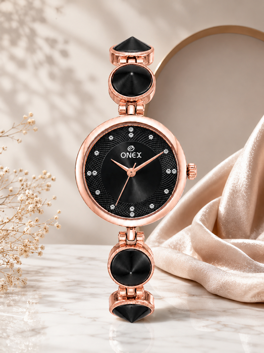 Onex Women’s Rose Gold Designer Bracelet Watch with Black Textured Dial