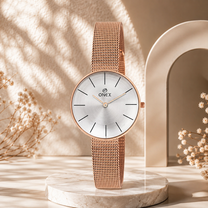 ONEX Women’s Rose Gold Analog Watch with Minimalist Dial & Mesh Metal Strap