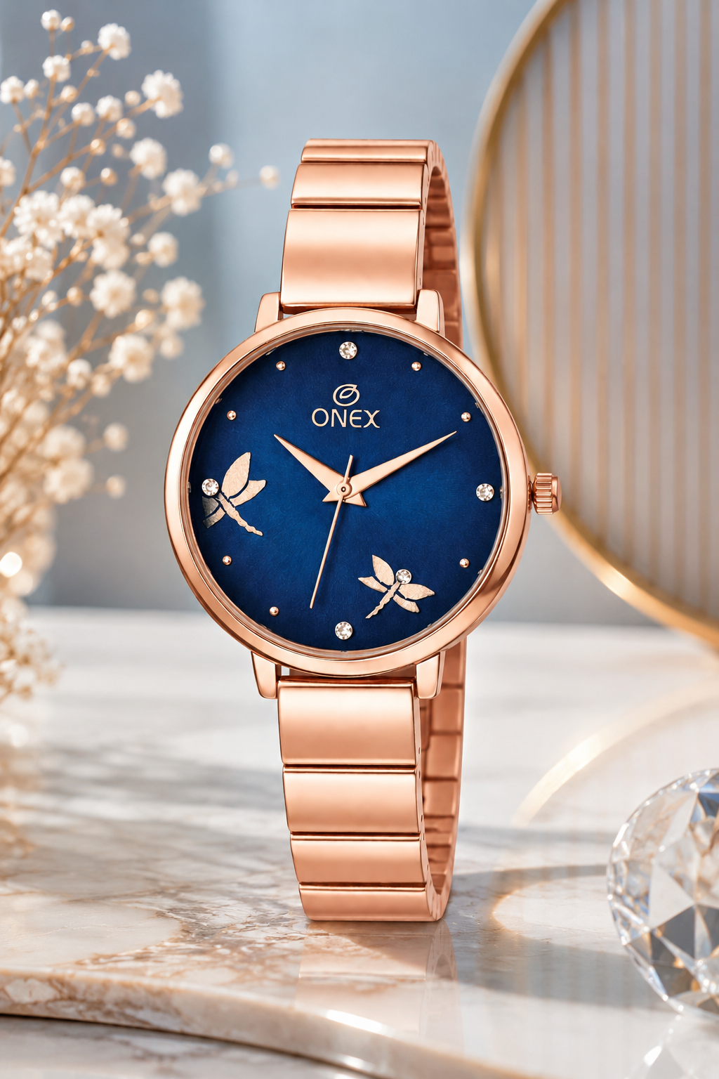 Onex Women’s Rose Gold Bracelet Watch with Crystal Markers & Dragonfly Dial