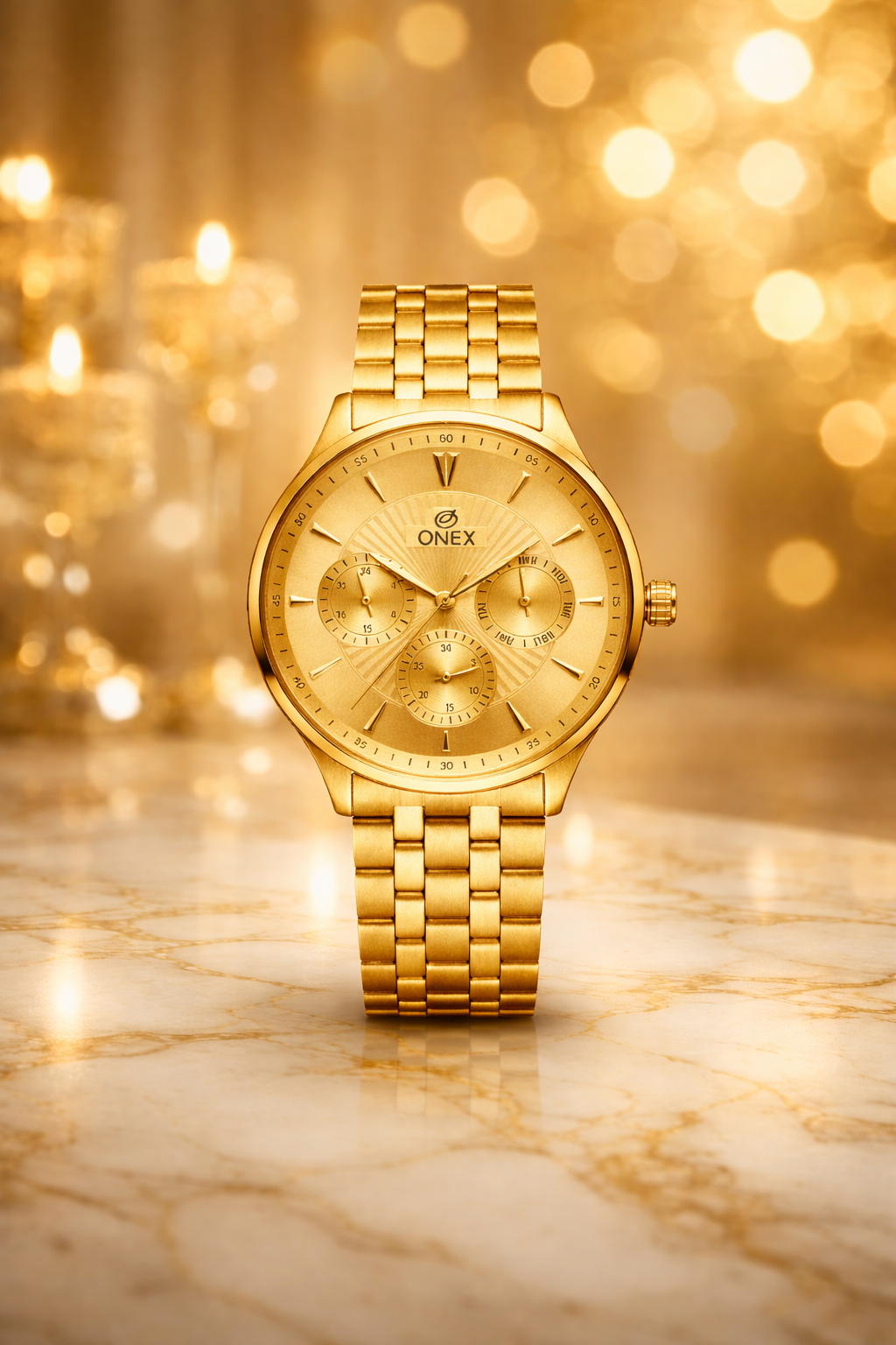 ONEX Men's Premium Multifunction Analog Watch for Men | Gold Sunray Dial | Gold Stainless Steel Bracelet | Quartz Movement | Stylish Casual & Formal Wrist Watch