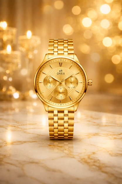 ONEX Men's Premium Multifunction Analog Watch for Men | Gold Sunray Dial | Gold Stainless Steel Bracelet | Quartz Movement | Stylish Casual & Formal Wrist Watch