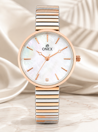 Onex Women’s Rose Gold White Pearl Dial Slim Bracelet Watch