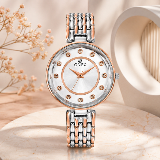 Onex Women’s Silver Analog Watch with Crystal Studded Dial & Dual Tone Bracelet Strap