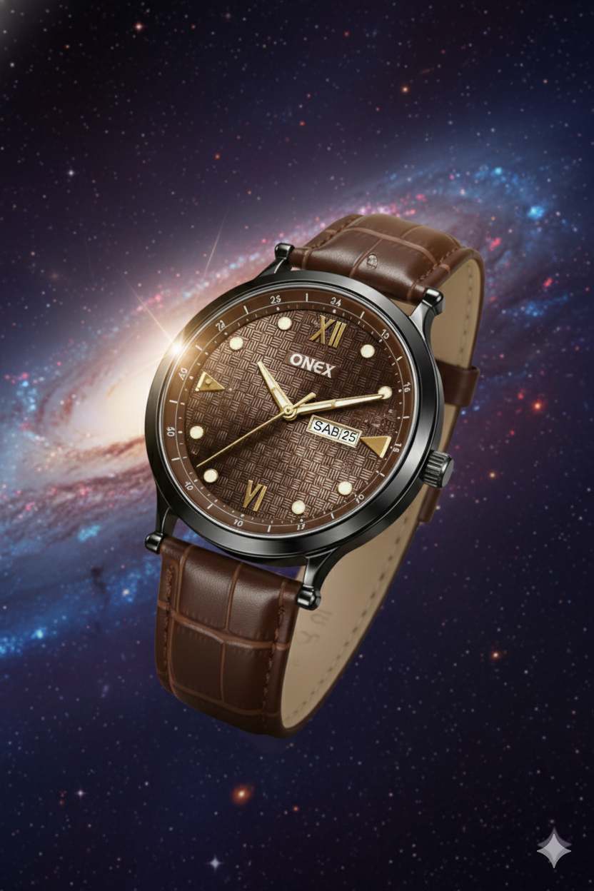ONEX Men’s Analog Watch with Day & Date Display, Brown Textured Dial, Brown Leather Strap, Roman Index – Stylish Formal Wrist Watch for Men