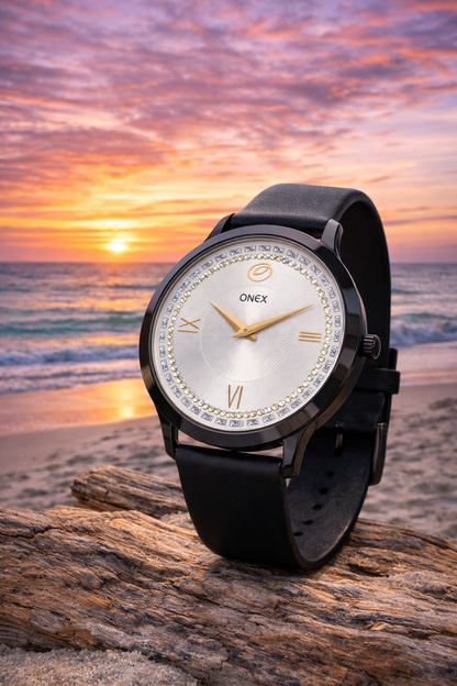 ONEX Men’s Analog Watch with Silver Dial, Crystal Studded Bezel & Black Leather Strap – Stylish Casual & Formal Wrist Watch for Men
