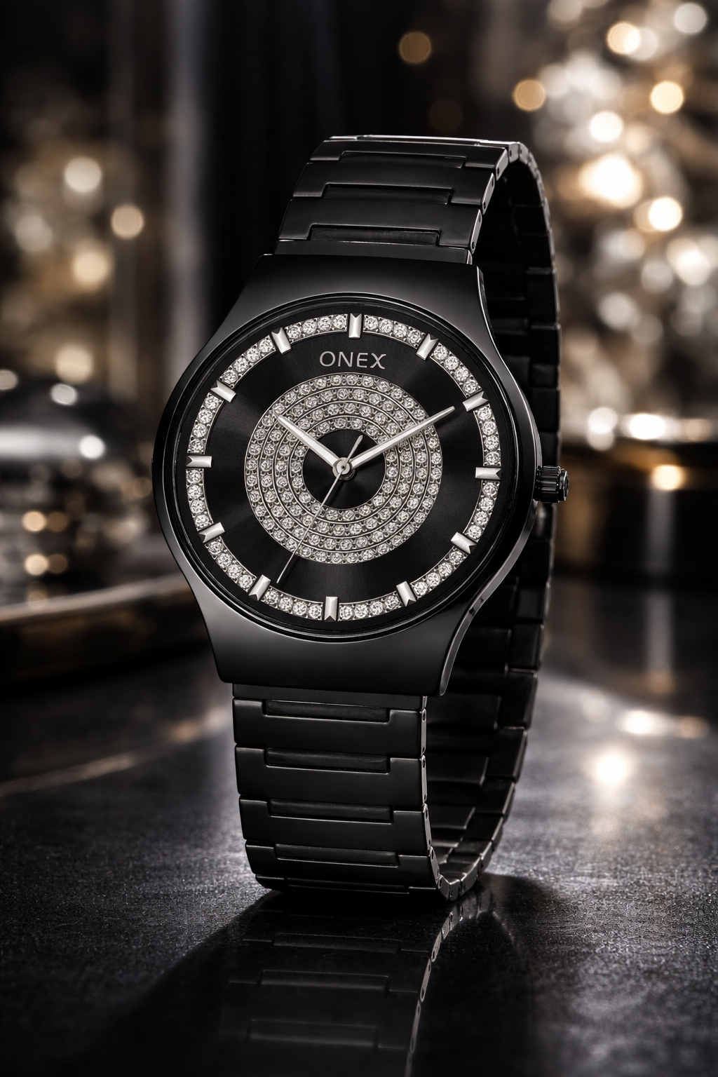 ONEX Luxury Black Dial Analog Watch with Crystal Studded Design & Black Stainless Steel Strap