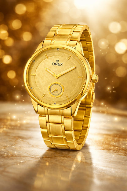 ONEX Men’s Analog Golden Dial Watch with Gold Tone Markers & Stainless Steel Golden Strap – Stylish Casual & Formal Watch