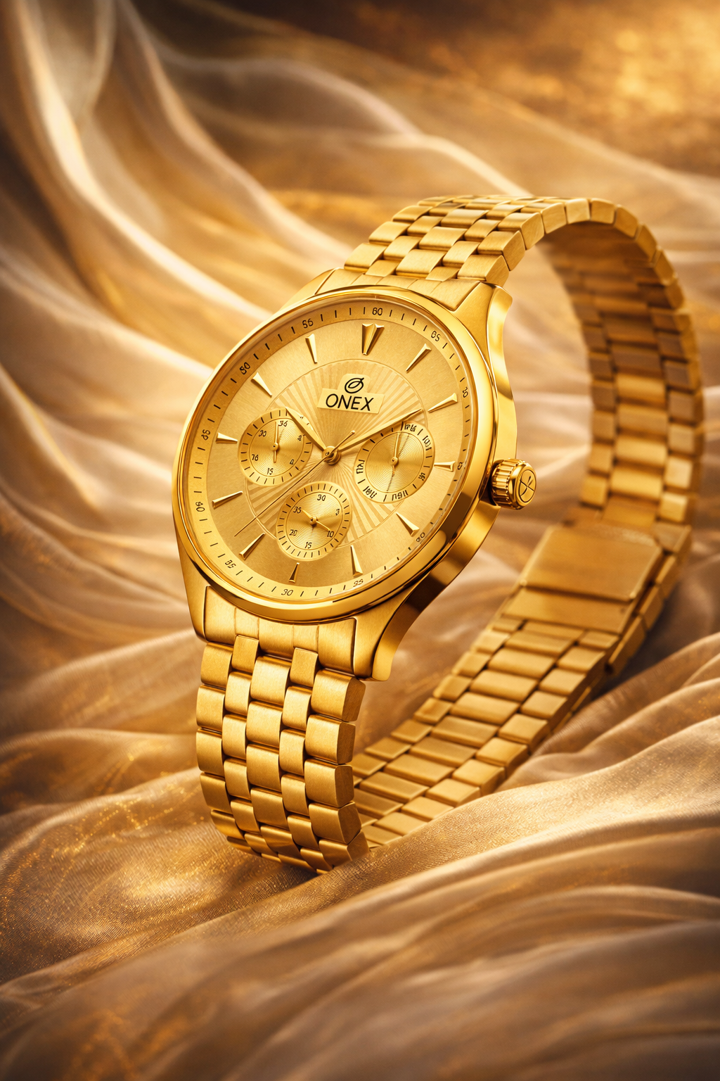 ONEX Men's Premium Multifunction Analog Watch for Men | Gold Sunray Dial | Gold Stainless Steel Bracelet | Quartz Movement | Stylish Casual & Formal Wrist Watch