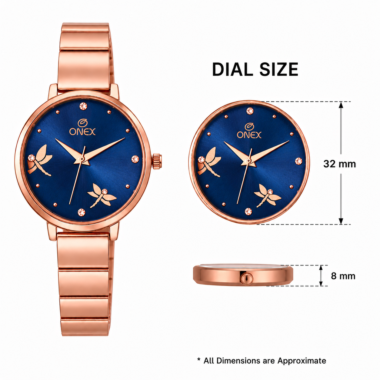 Onex Women’s Rose Gold Bracelet Watch with Crystal Markers & Dragonfly Dial