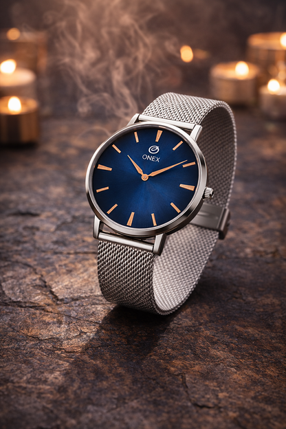 ONEX Men’s Analog Watch with Blue Sunray Dial & Silver Stainless Steel Mesh Strap | Minimal Classic Design
