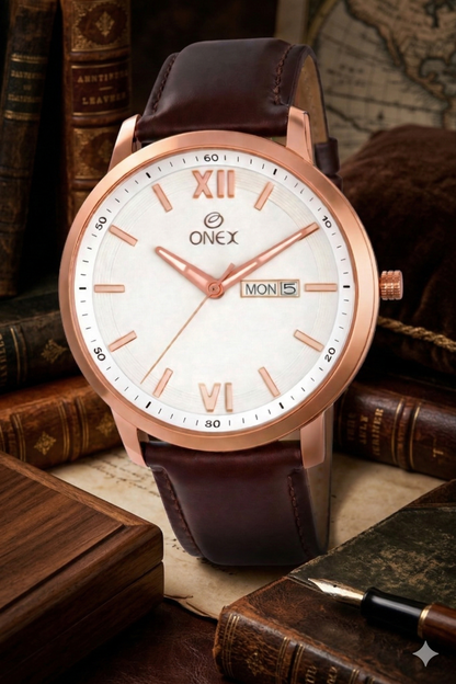 ONEX Men's Day & Date Analog Watch – Silver Dial, Rose Gold Case & Brown Leather Strap