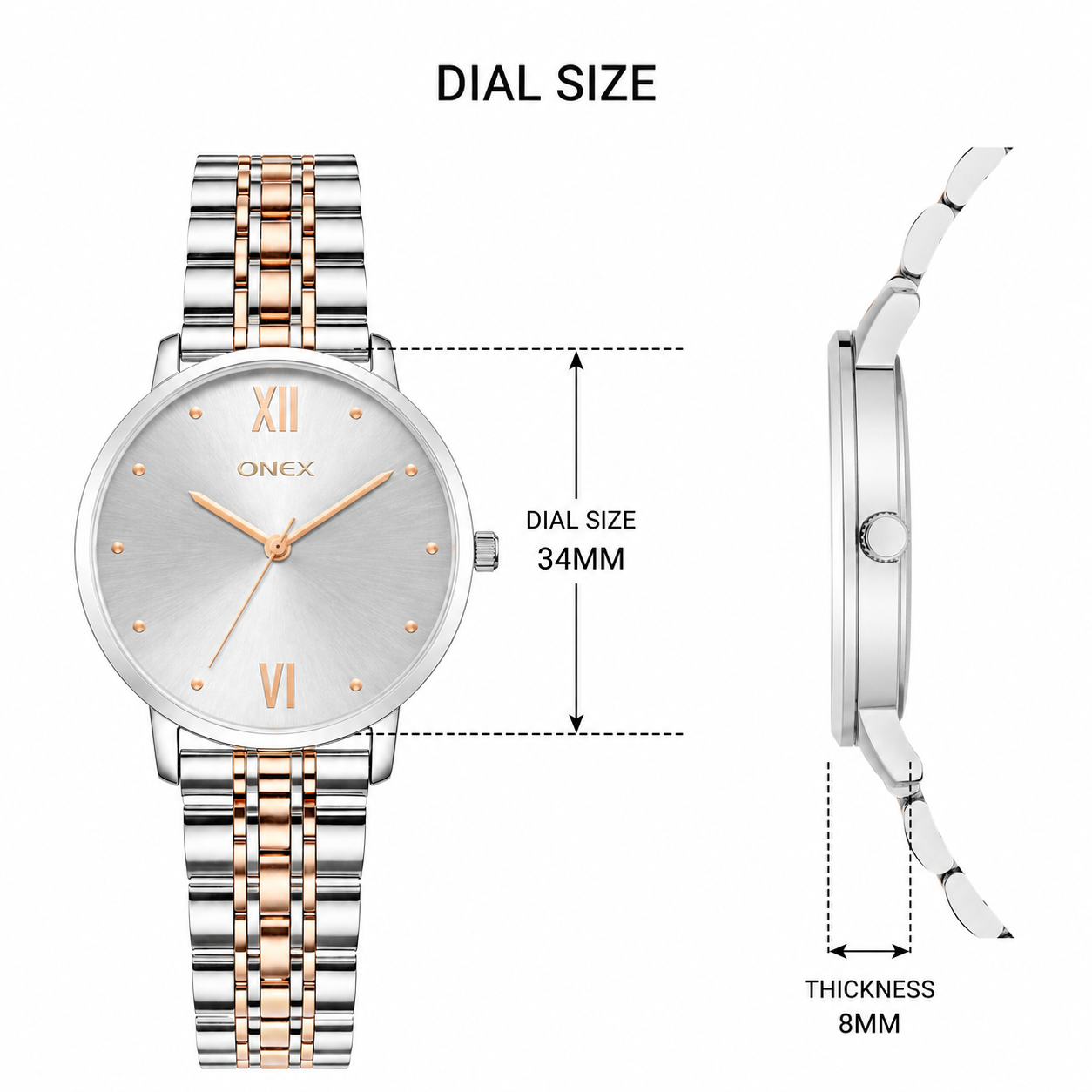 ONEX Women's Analog Wrist Watch for women | Two Tone Stainless Steel Bracelet Strap | Silver Sunray Dial | Premium Casual & Formal Watch