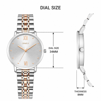 ONEX Women's Analog Wrist Watch for women | Two Tone Stainless Steel Bracelet Strap | Silver Sunray Dial | Premium Casual & Formal Watch