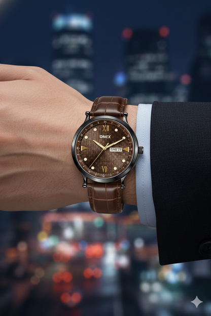 ONEX Men’s Analog Watch with Day & Date Display, Brown Textured Dial, Brown Leather Strap, Roman Index – Stylish Formal Wrist Watch for Men