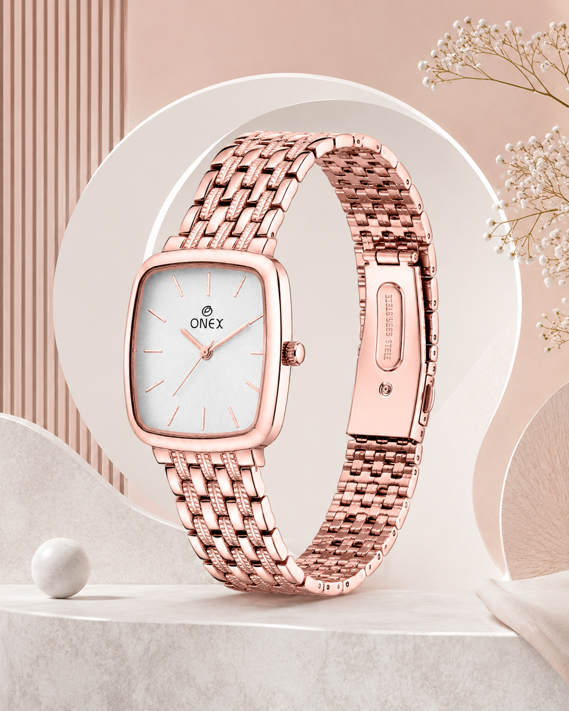 ONEX Women's Analog Rose Gold Stainless Steel Bracelet Watch | Square Silver Dial | Elegant Casual & Party Wear Wrist Watch for Women
