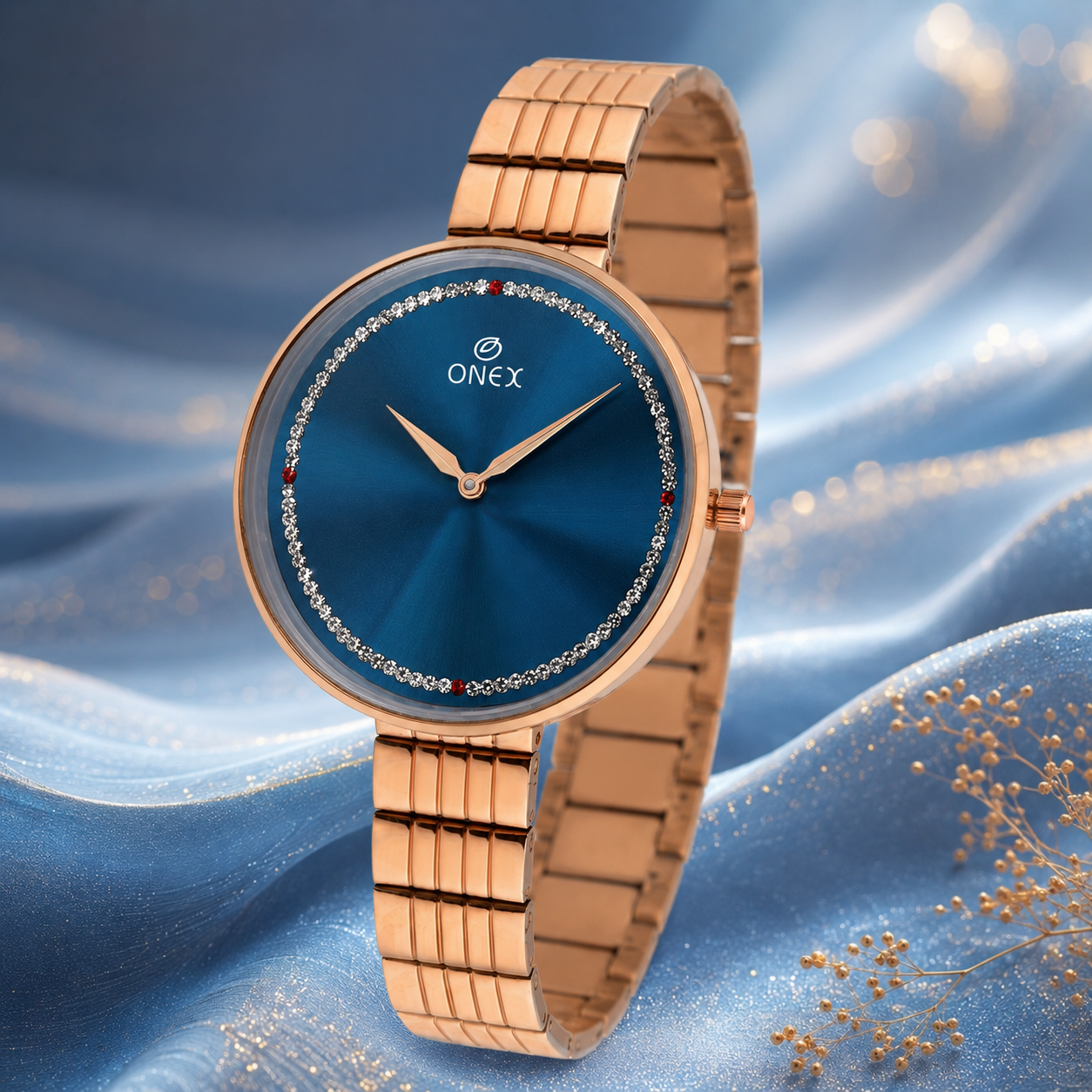 ONEX Elegant Rose Gold Women’s Watch | Blue Sunray Dial with Crystal Ring