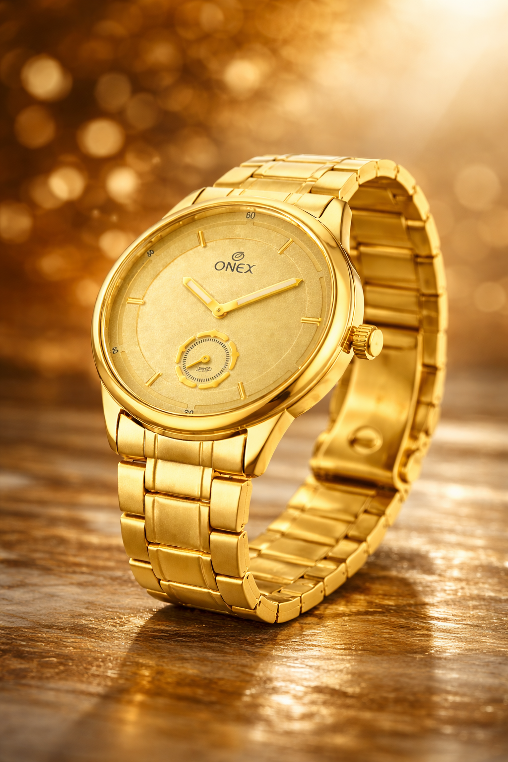 ONEX Men’s Analog Golden Dial Watch with Gold Tone Markers & Stainless Steel Golden Strap – Stylish Casual & Formal Watch